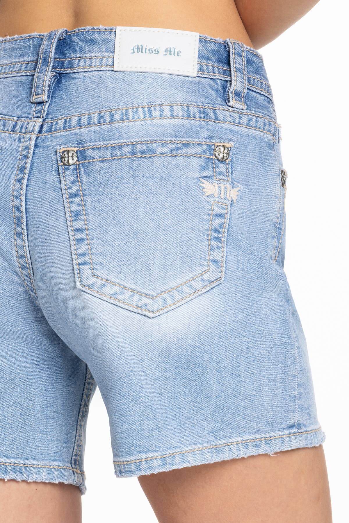 Miss Me Mom Denim Shorts featuring classic blue denim, high-waist style, and distressed details, displayed on a neutral background.