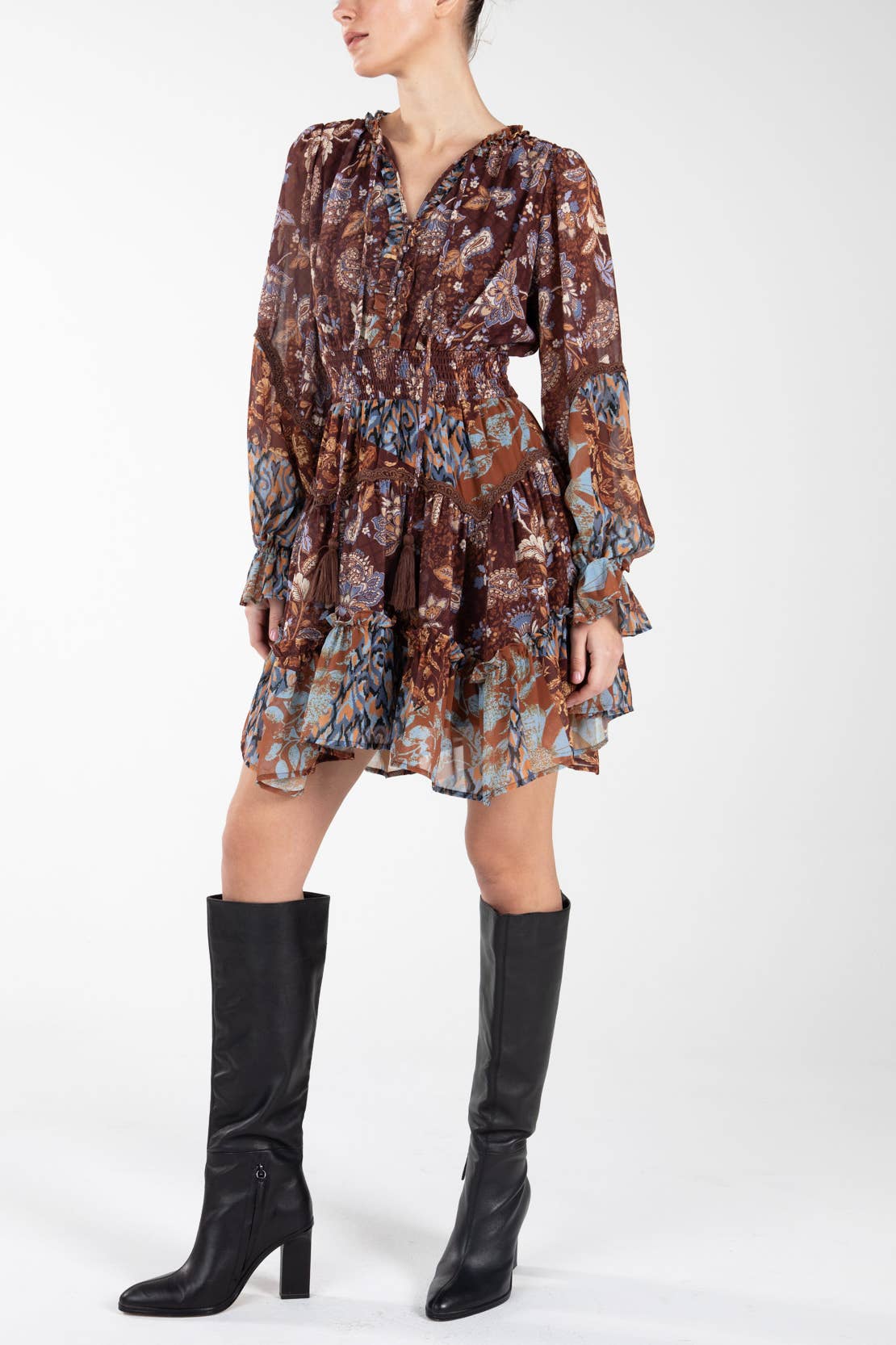 Miss Me Paisley Print Dress in multi brown with flowing fabric and long sleeves, stylish and perfect for casual wear.