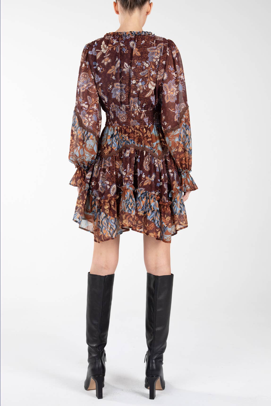 Miss Me multi-brown paisley print dress with long sleeves and flowing fit, featuring intricate paisley patterns.