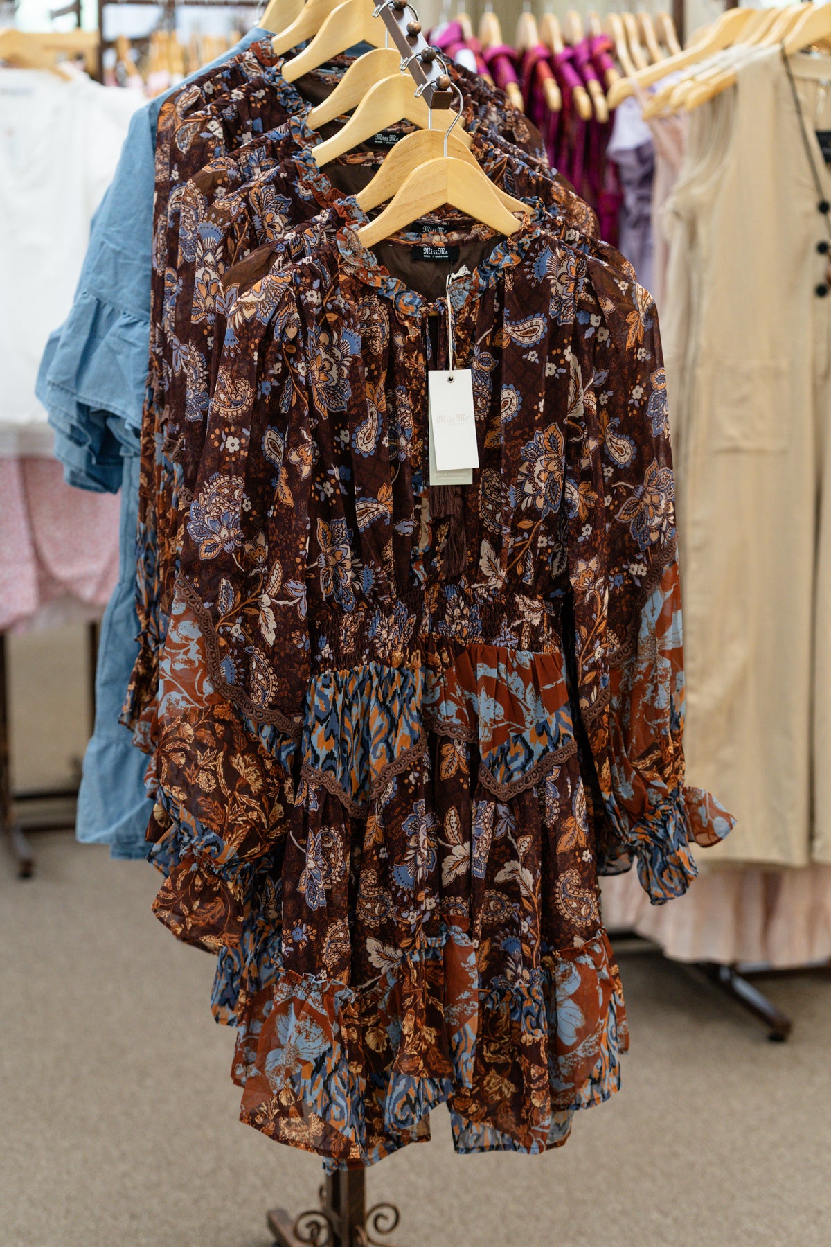 Miss Me paisley print dress in multi brown fabric, featuring a stylish design and flowing silhouette.