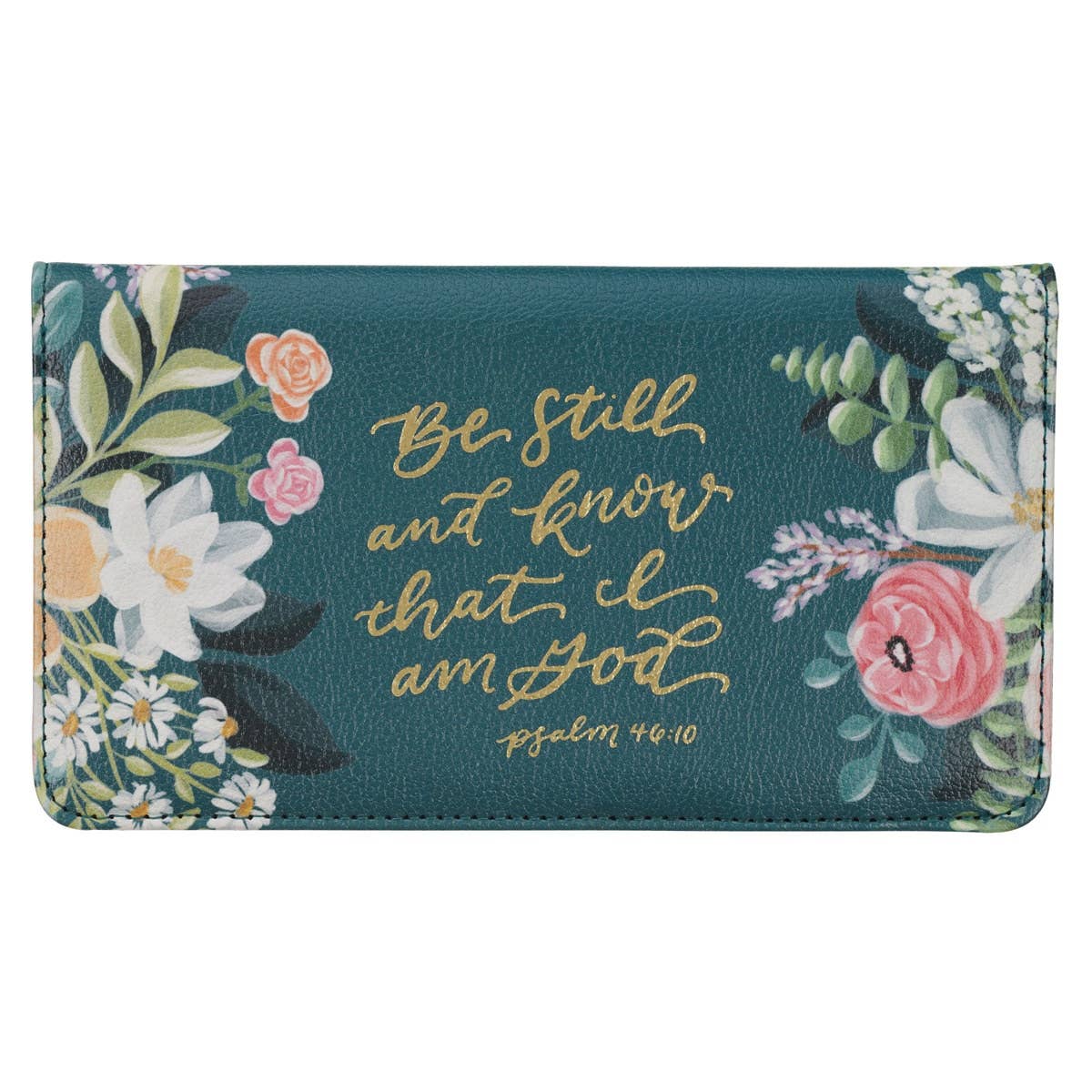 Teal checkbook wallet with "Be Still Ps. 46:10" design, featuring multiple card slots and a secure bill compartment, by My Store.