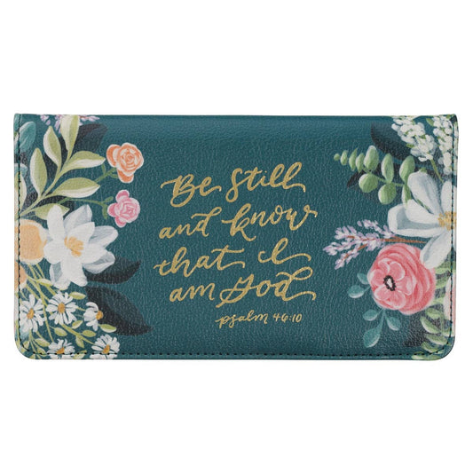 Teal checkbook wallet with "Be Still Ps. 46:10" design, featuring multiple card slots and a secure bill compartment, by My Store.