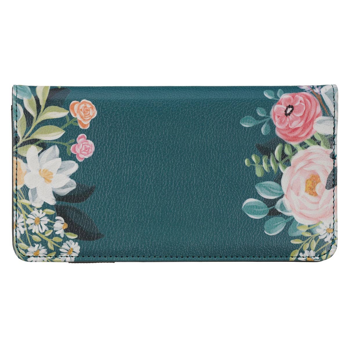 Teal checkbook wallet with "Be Still Ps. 46:10" design by My Store, featuring multiple card slots and a secure cash compartment.