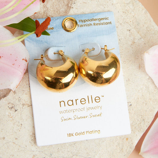 Narelle waterproof yellow gold bowl hoop earrings with a sleek, modern design, perfect for everyday wear.