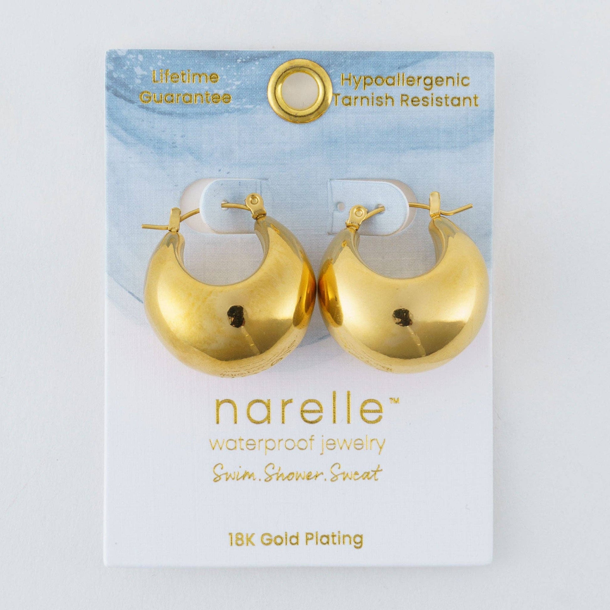 Yellow gold Narelle waterproof bowl hoop earrings, showcasing sleek, modern jewelry design with shiny finish.