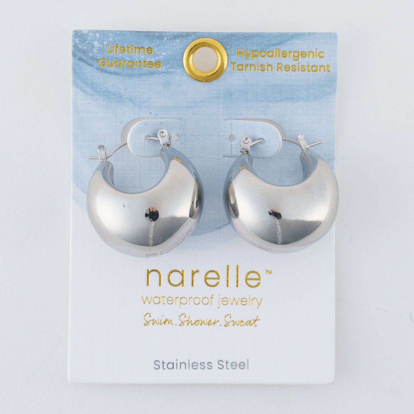 Yellow gold Narelle waterproof bowl hoop earrings by My Store, featuring a sleek, modern hoop design in close-up view.