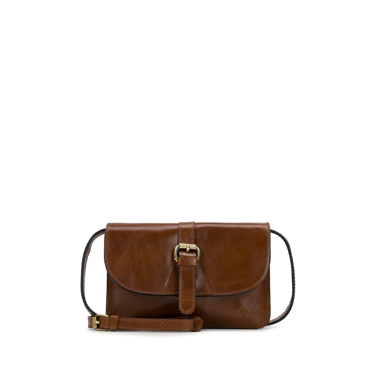 Patricia Nash Torri Crossbody bag in vintage distressed cognac leather, featuring a compact design with a top handle and adjustable strap.