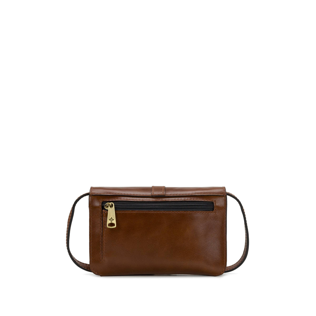 Patricia Nash Torri Crossbody bag in vintage distressed cognac leather with adjustable strap and subtle embossed logo details.