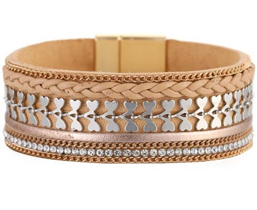 Tan multi-leather bracelet with heart and crystal accents, stylish My Store jewelry accessory featuring layered straps and detailed design.