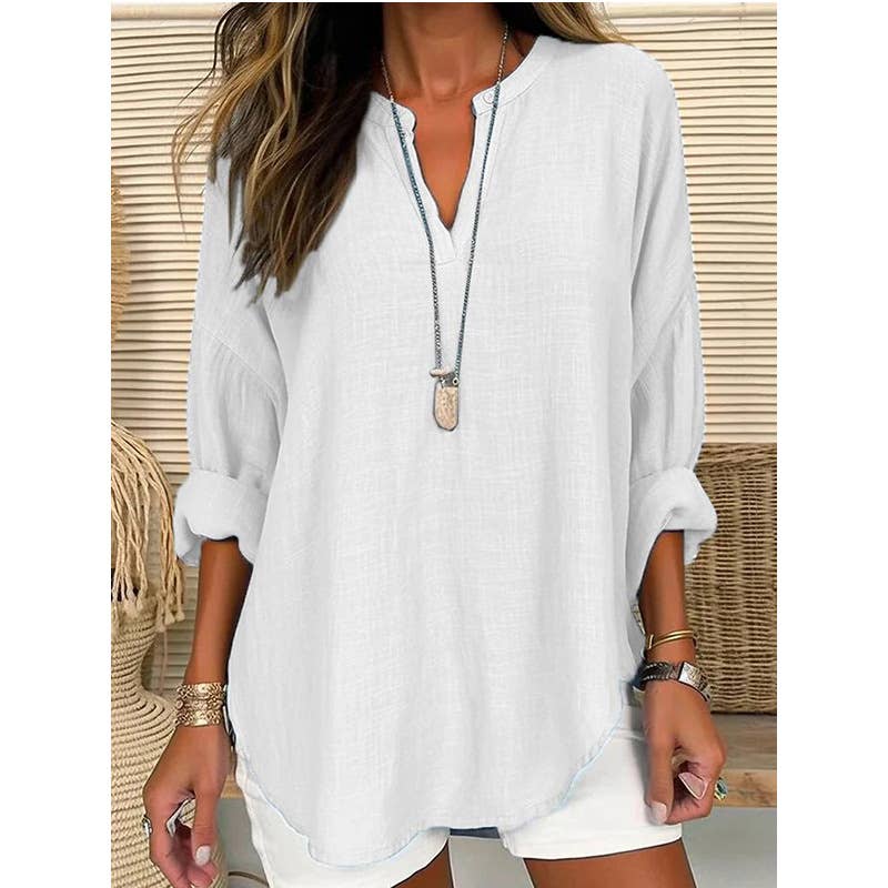 Linen long sleeve blouse with V-neck, casual style from Ninexis, featuring lightweight fabric and relaxed fit.