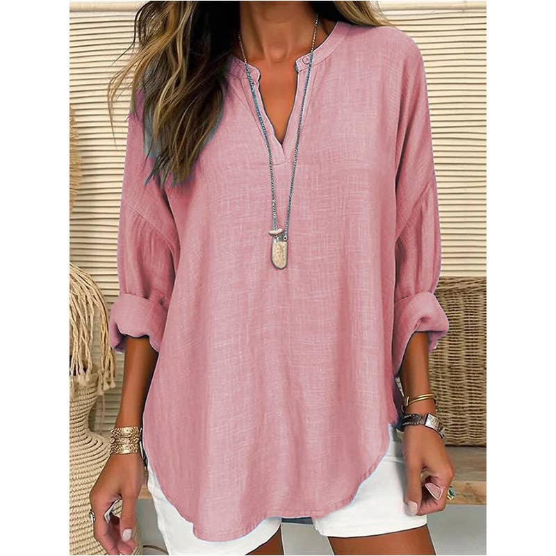 Ninexis linen long sleeve V-neck blouse with casual style, featuring a relaxed fit and natural fabric texture.