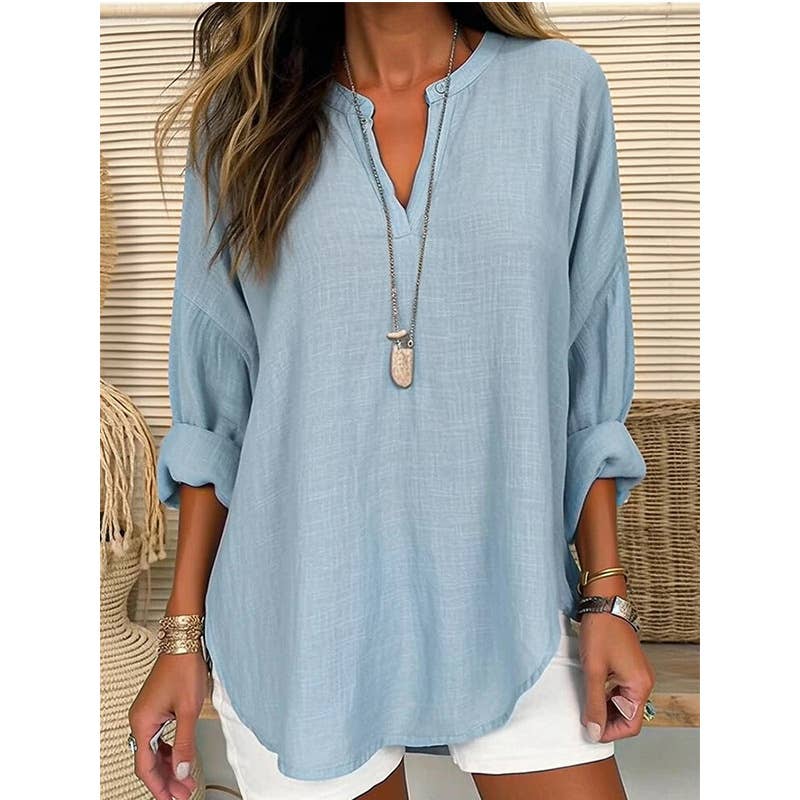 Ninexis linen long sleeve blouse with V-neck in casual style, featuring a relaxed fit and natural fabric texture.