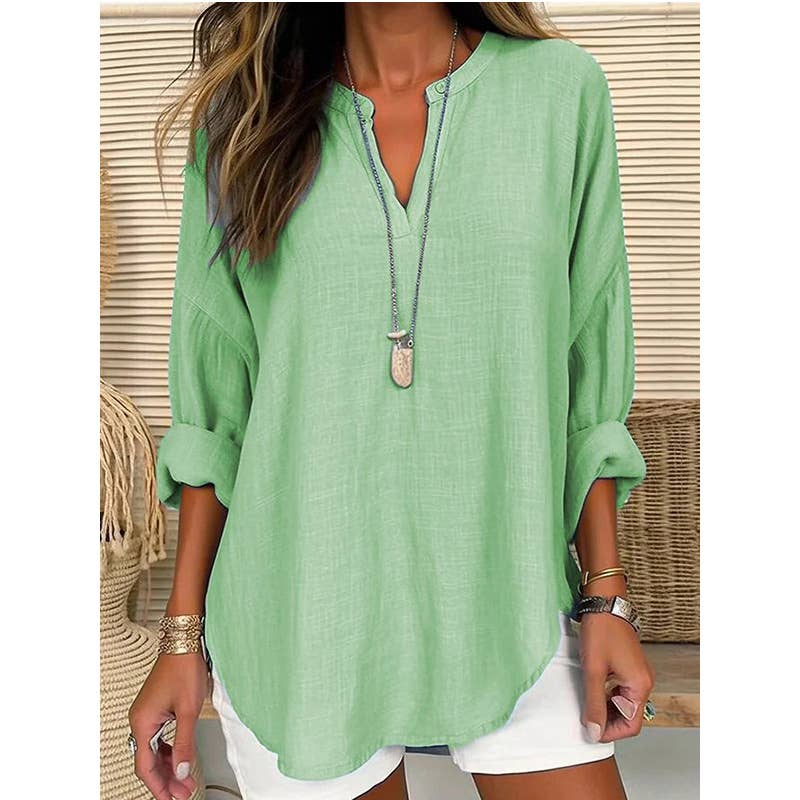 Ninexis linen long sleeve blouse with V-neck, casual style, lightweight fabric, and relaxed fit.