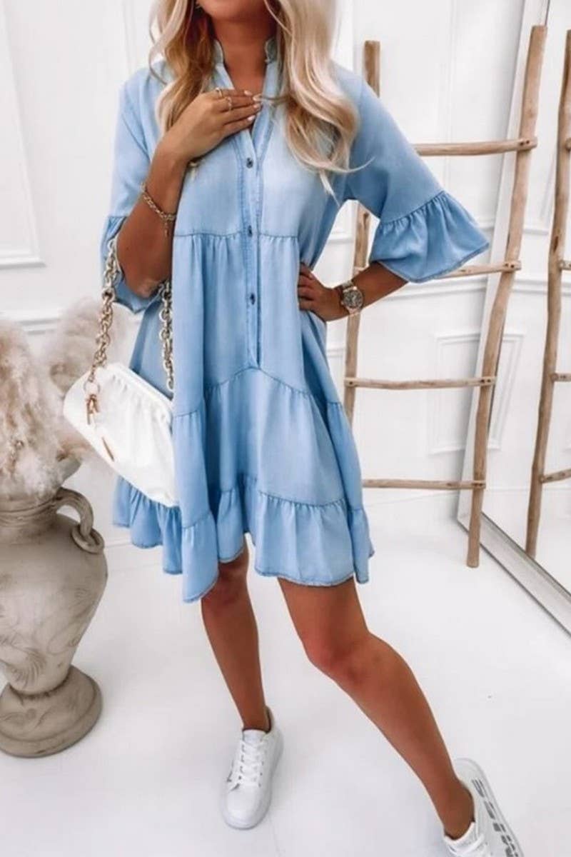Ninexis V-neck half sleeve washed denim dress displayed on a hanger, showcasing its casual style and lightweight fabric.