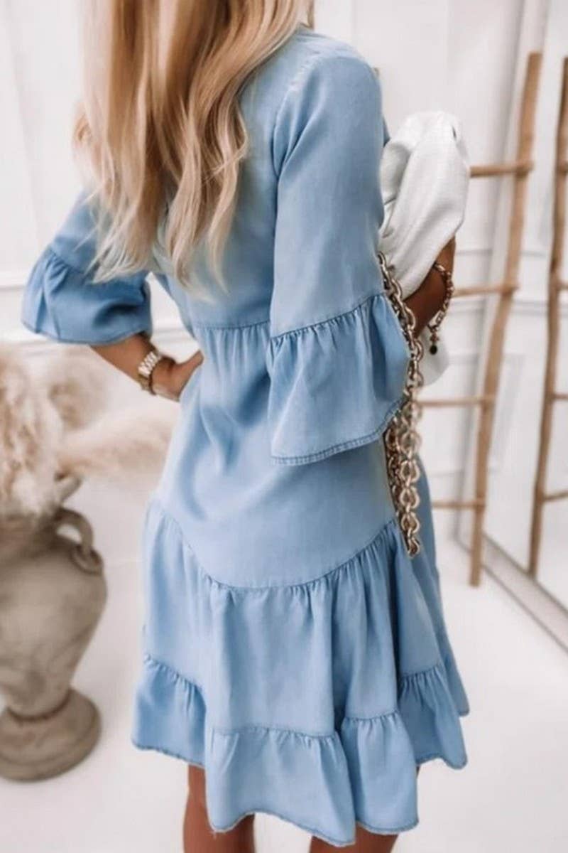 Ninexis V-neck half sleeve washed denim dress displayed on a hanger, showcasing its casual style and faded denim fabric.