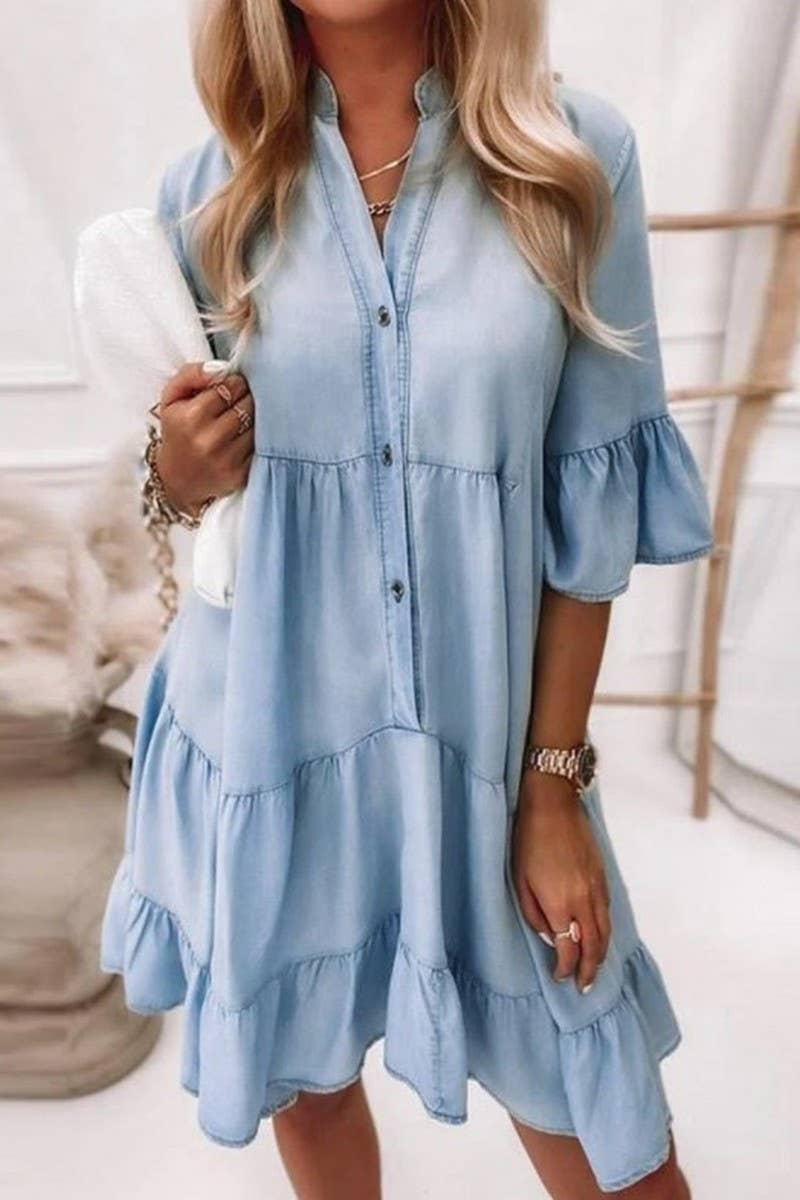 Ninexis V-neck half sleeve washed denim dress displayed on a hanger, showcasing its casual, relaxed fit and light blue denim fabric.