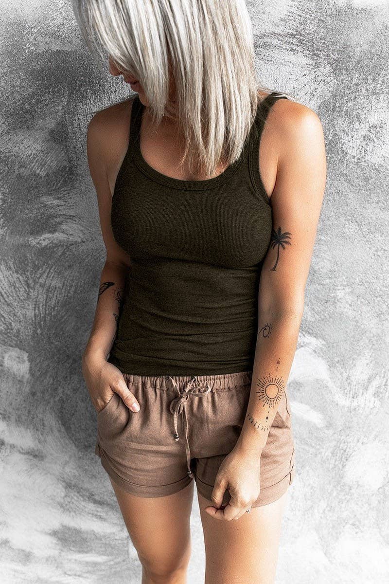 Ninexis round neck ribbed tank top in neutral color, close-up view of the fitted sleeveless top with ribbed texture.