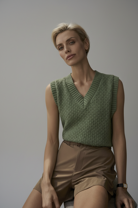 Varley Antonella knit vest featuring a cozy, ribbed design in neutral tones, perfect for layered fall or winter outfits.