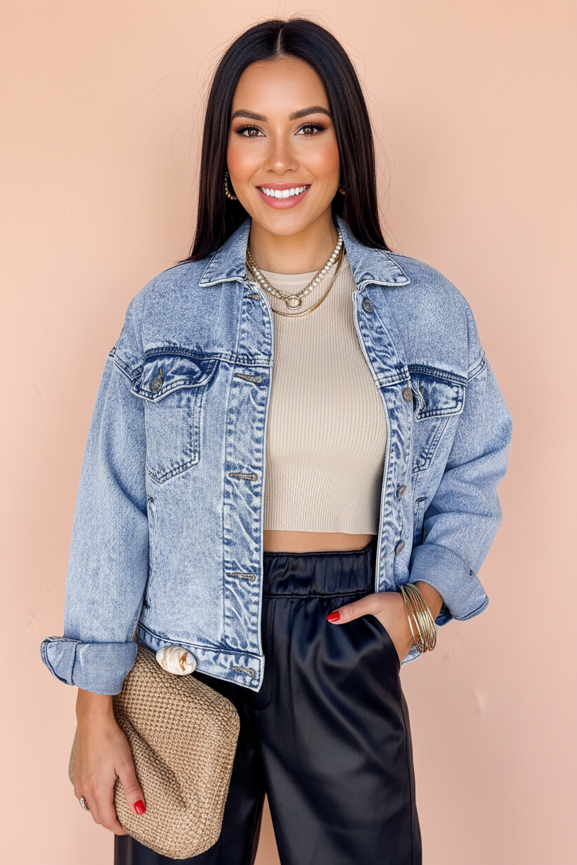 Beau Blue vintage washed denim jacket by Chic Speak Boutique with flap pockets and classic fit, displayed on a hanger.