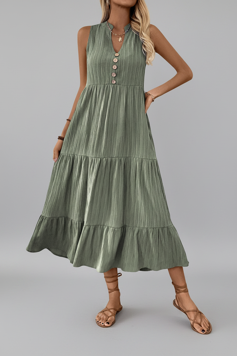 Green V-neck solid color dress by Wholesalesir, featuring a flowy fabric and simple elegant design.