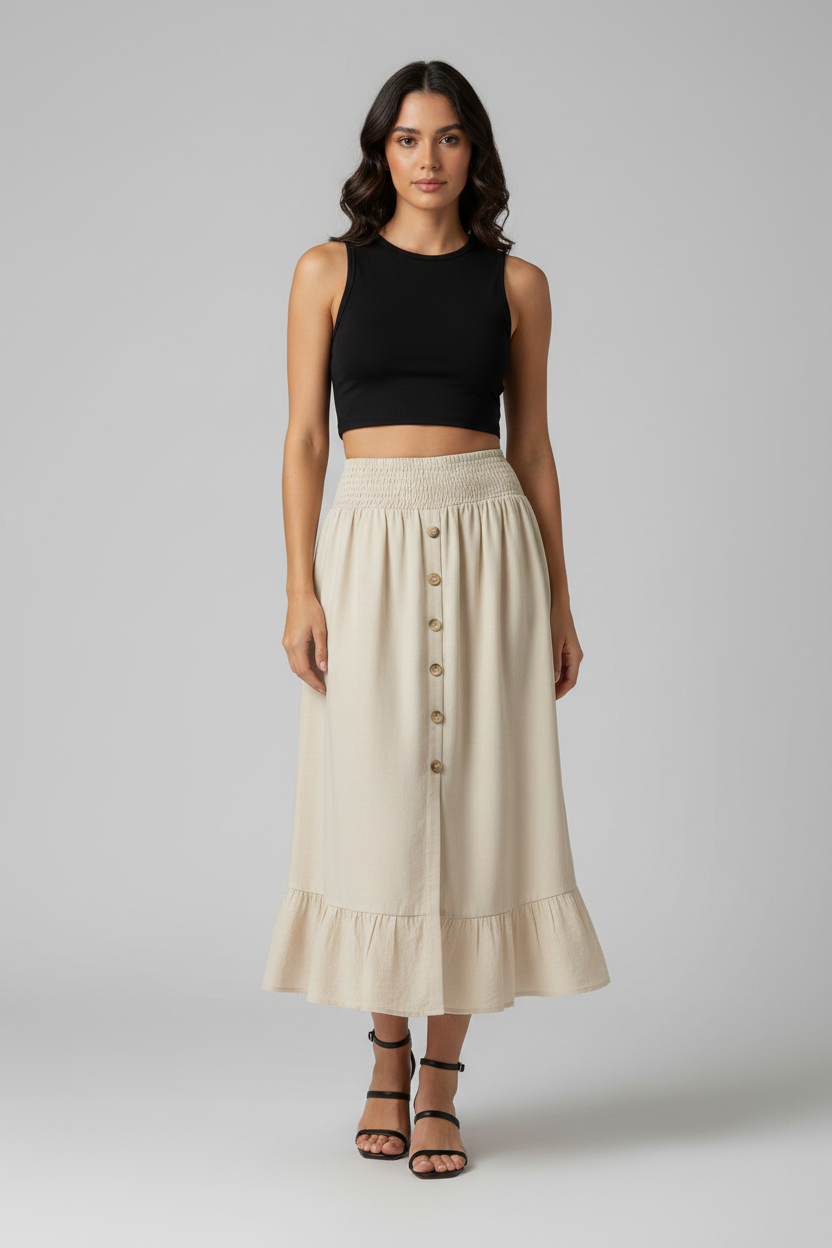 Apricot drawstring waist button split skirt by CSB Private Label showing front view with buttons and flowy fabric