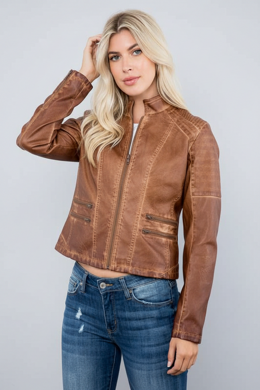Zipper pocket jacket shown in navy with front zip closure and side pockets.