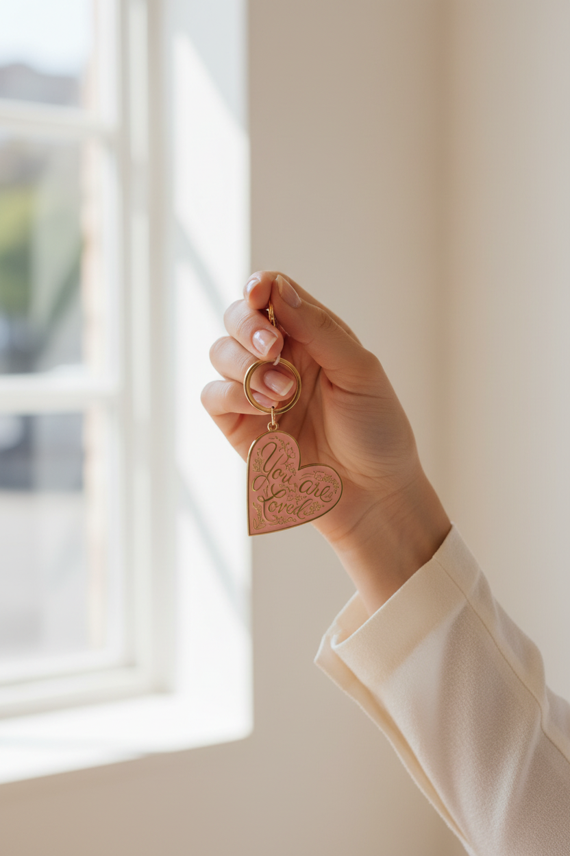 Rifle Paper Company You Are Loved keychain with engraved message on gold-toned metal, featuring a delicate floral design.