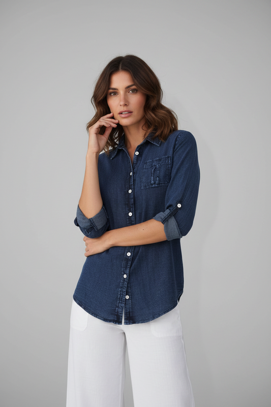 Midnight blue Cotton Natural shirt with a classic collar and button-down front, displayed flat on a white background.