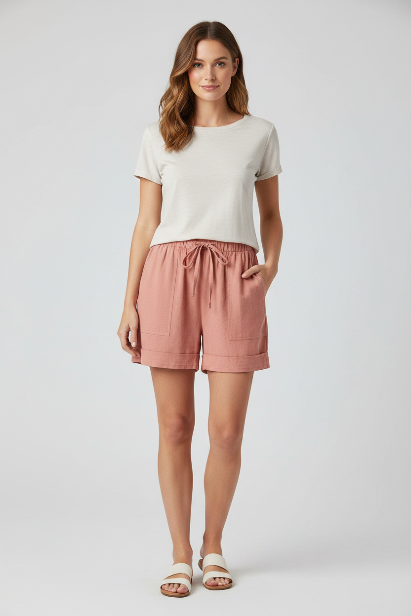 Light beige cotton linen shorts from Sweetkama with a relaxed fit, featuring a waistband and side pockets.
