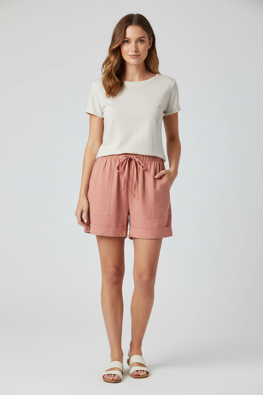 Light beige cotton linen shorts from Sweetkama with a relaxed fit, featuring a waistband and side pockets.