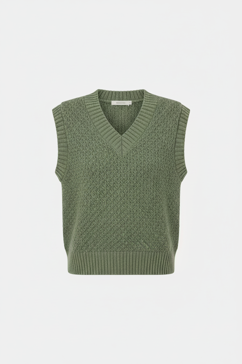 Antonella knit vest by Varley featuring a textured design, sleeveless style, and a crew neckline in neutral tones.