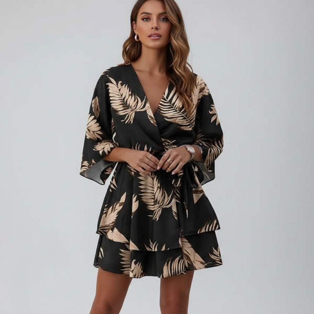 Boho V-neck dolman sleeve dress by SALINA TRADING INC featuring relaxed fit, lightweight fabric, and stylish design.