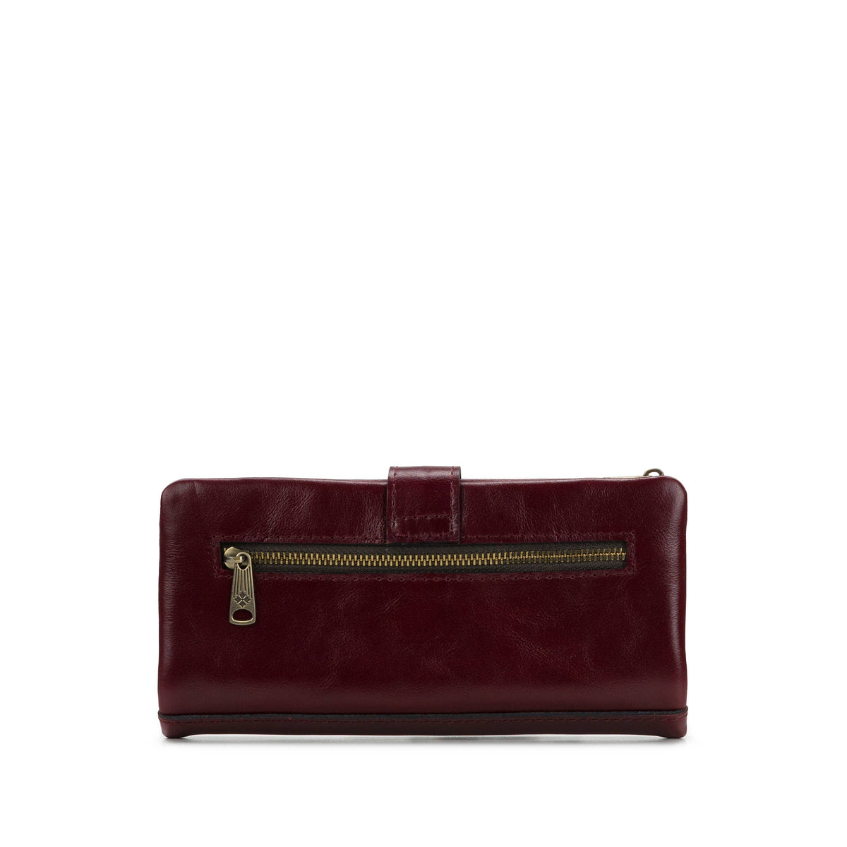 Patricia Nash Annesley wristlet made of vintage distressed leather with a compact design and wrist strap.