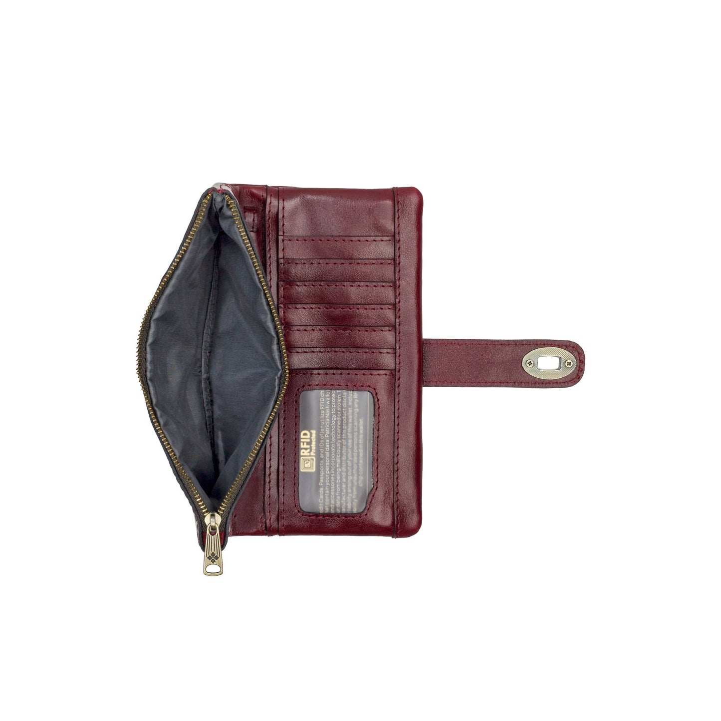 Patricia Nash Annesley wristlet in vintage distressed leather with a sleek design and subtle stitching details.