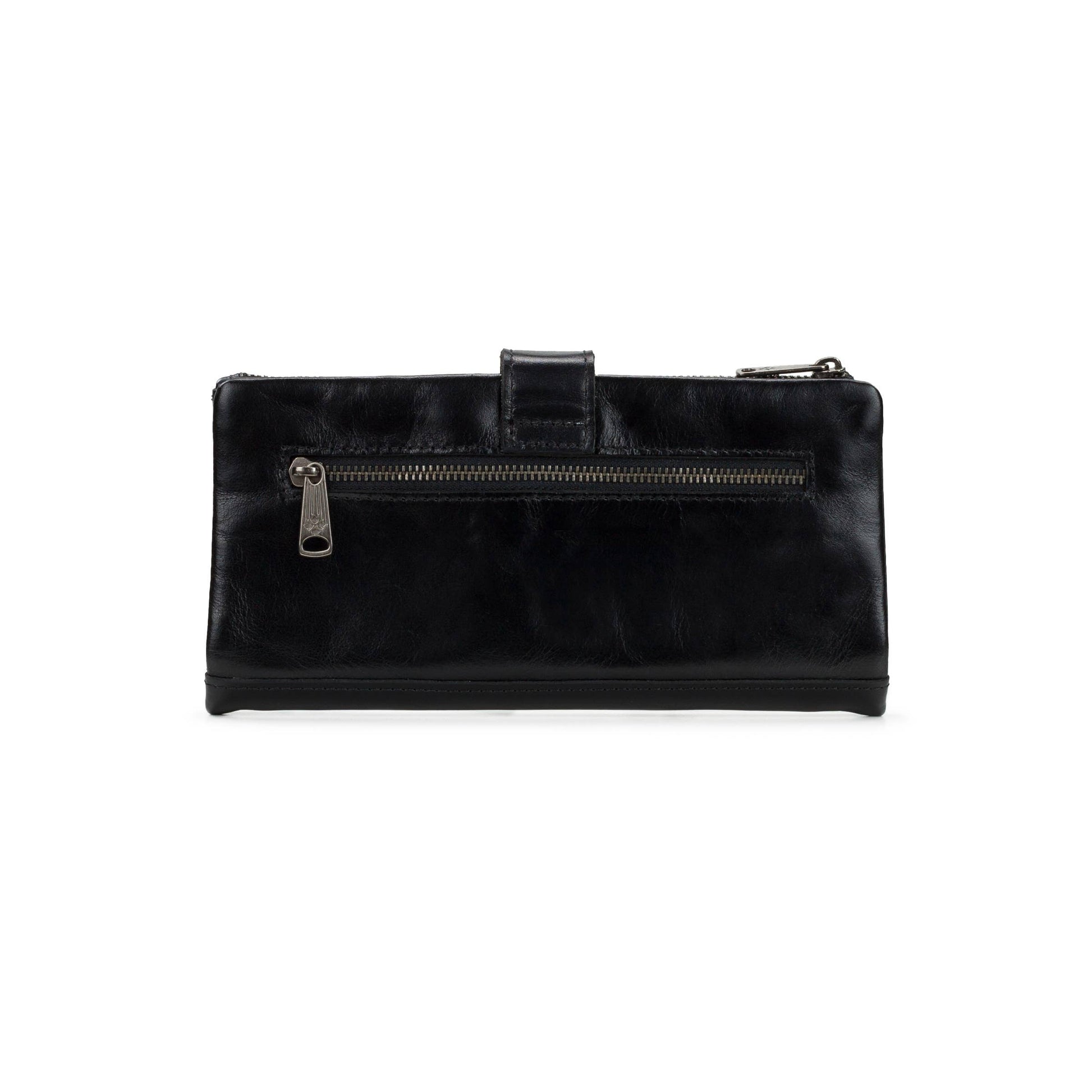 Patricia Nash Annesley wristlet in vintage distressed leather with a compact design, featuring a wrist strap and detailed stitching.