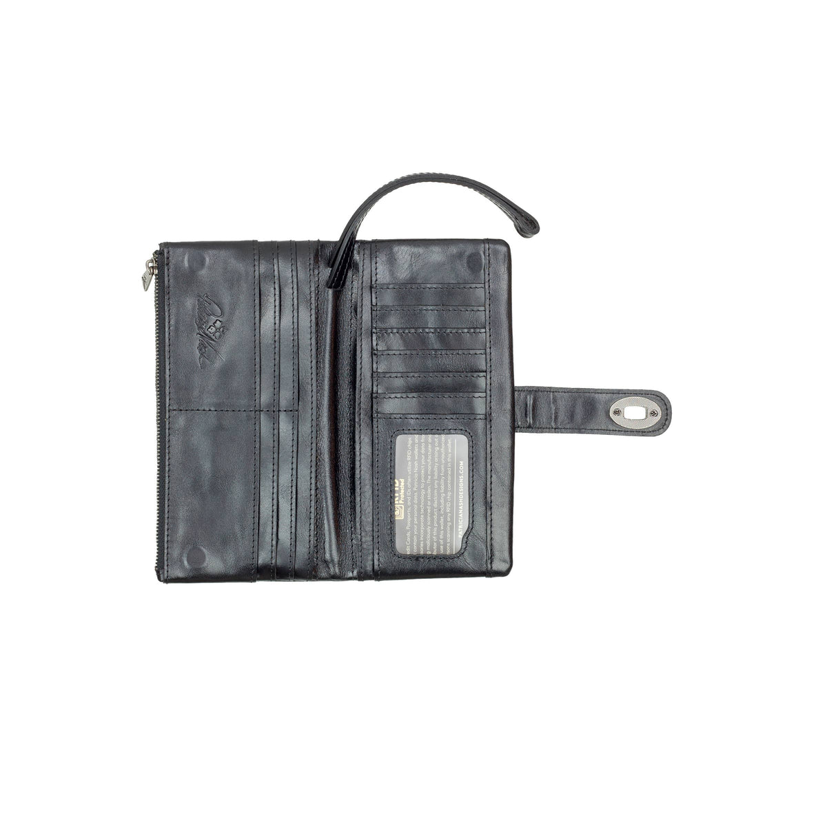 Patricia Nash Annesley wristlet made of vintage distressed leather, featuring a compact design with a wrist strap and classic detailing.