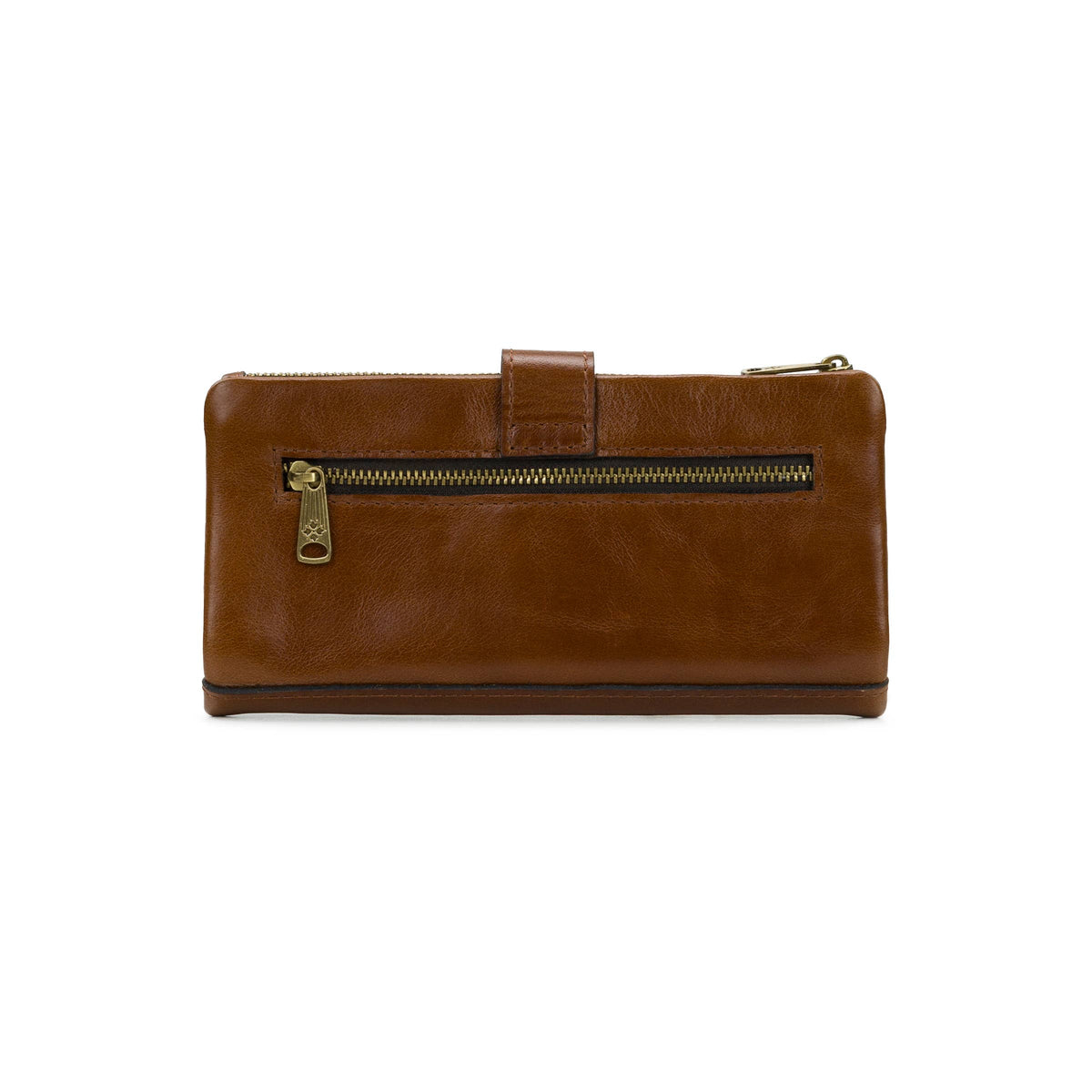 Patricia Nash Annesley wristlet in vintage distressed leather with a compact design and gold-tone hardware.