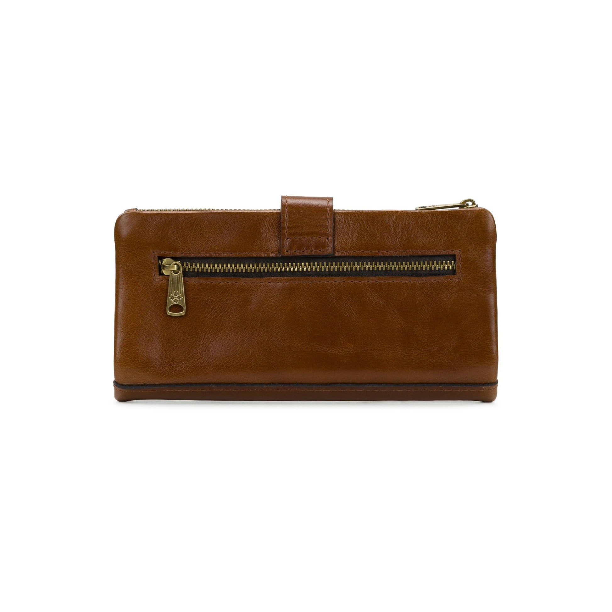 Patricia Nash Annesley wristlet in vintage distressed leather with a compact design and gold-tone hardware.
