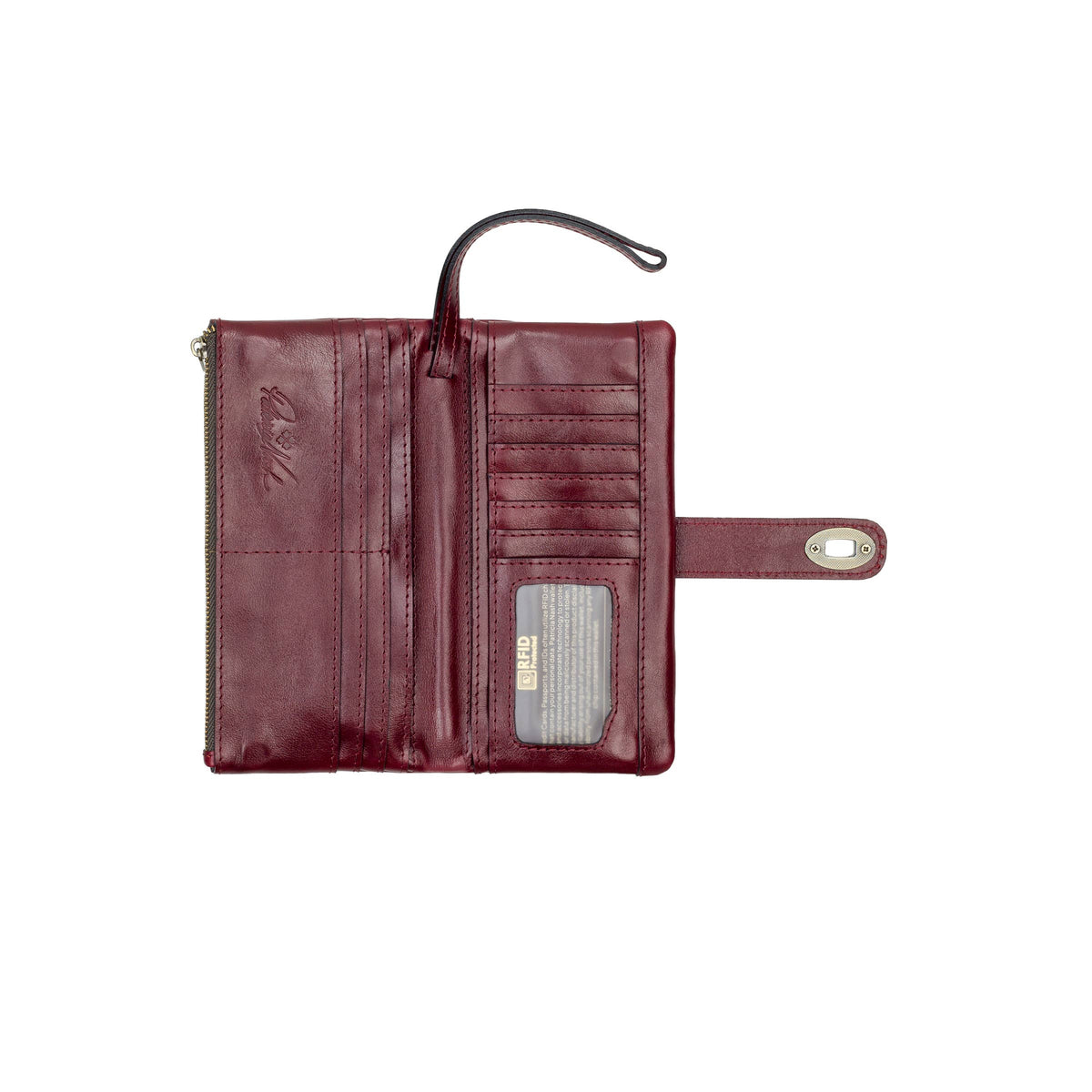 Patricia Nash Annesley wristlet in vintage distressed leather with compact design and wrist strap, stylish and functional.