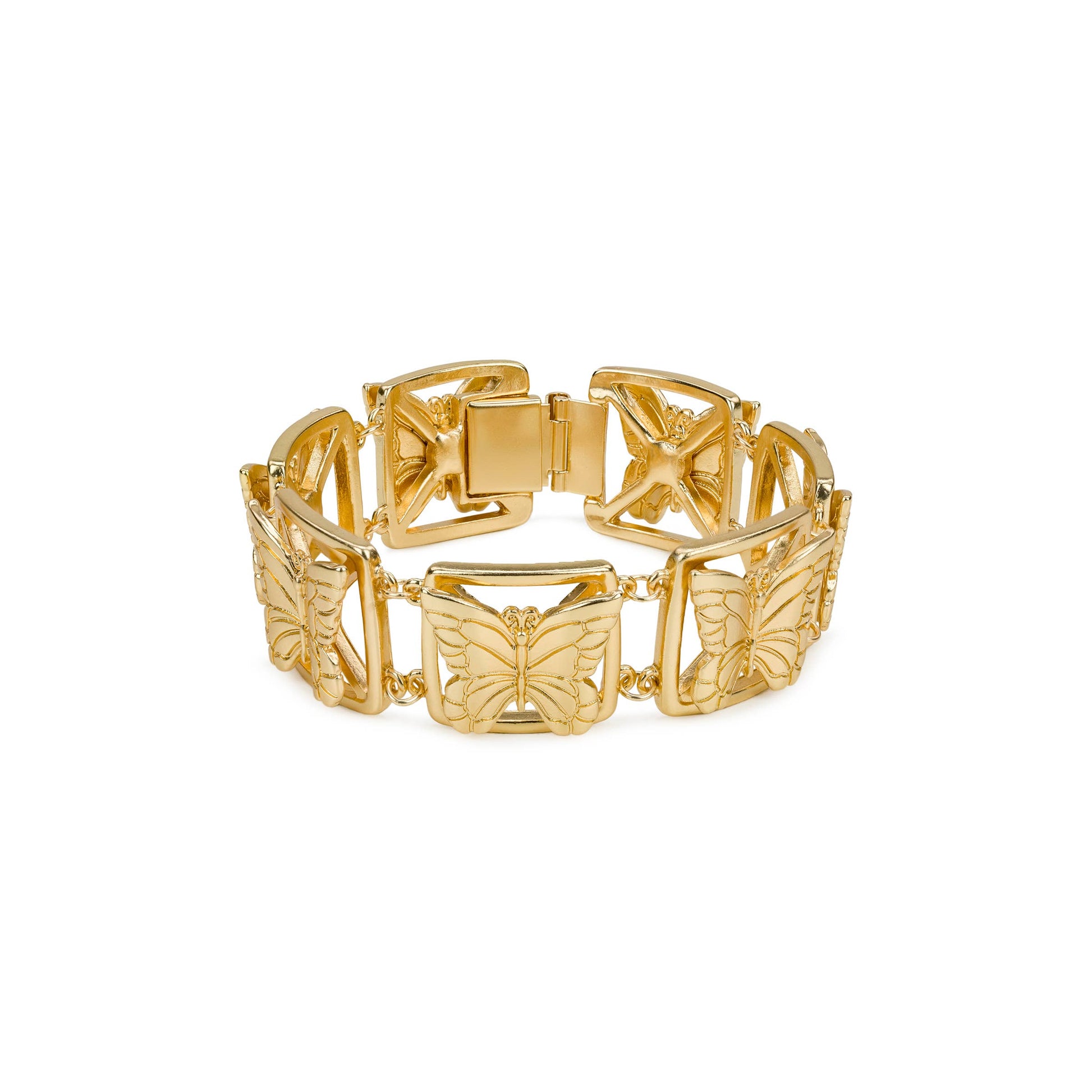 Matte gold butterfly link bracelet by Patricia Nash featuring elegant butterfly charms and adjustable chain for a stylish look.