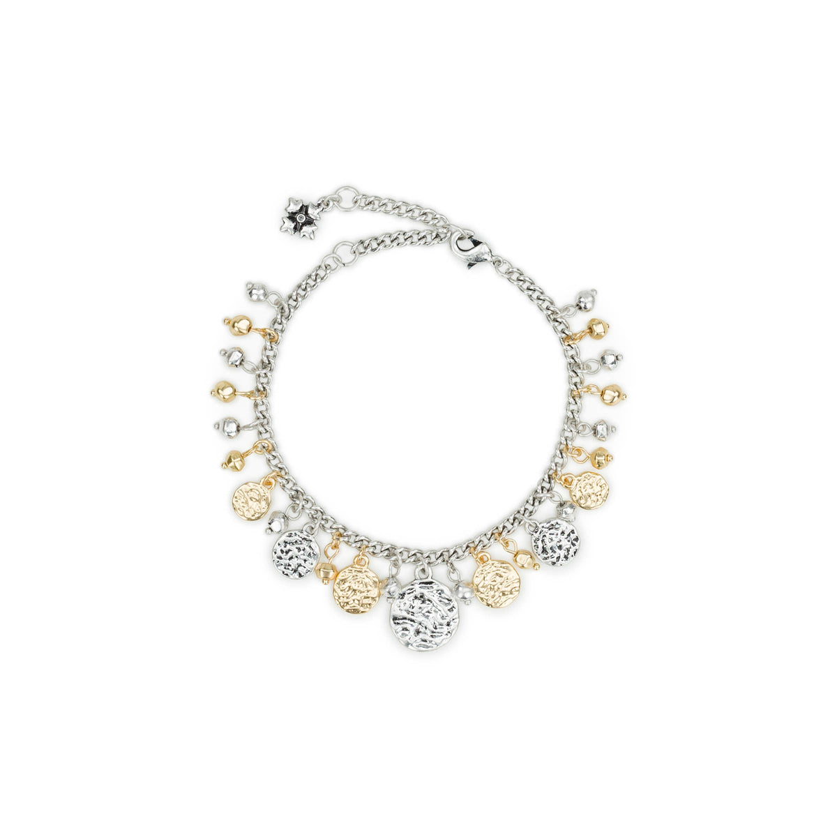 Patricia Nash multi charm bracelet featuring various metal charms and intricate details on a leather strap.