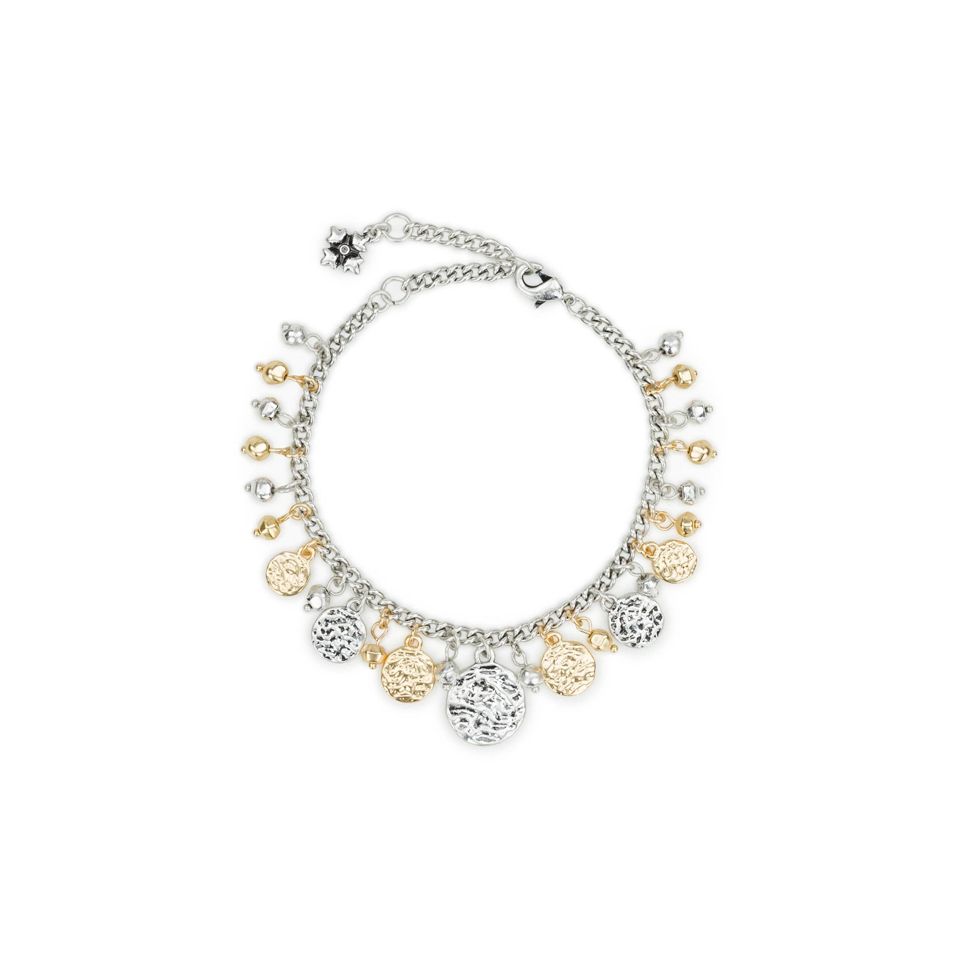 Patricia Nash multi charm bracelet featuring various metal charms and intricate details on a leather strap.