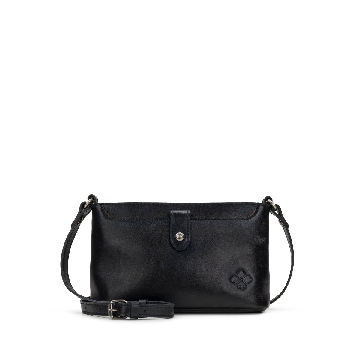Black Patricia Nash Aimee crossbody bag with adjustable strap and gold-tone hardware, featuring a textured leather finish.