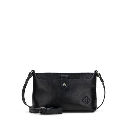 Black Patricia Nash Aimee crossbody bag with adjustable strap and gold-tone hardware, featuring a textured leather finish.
