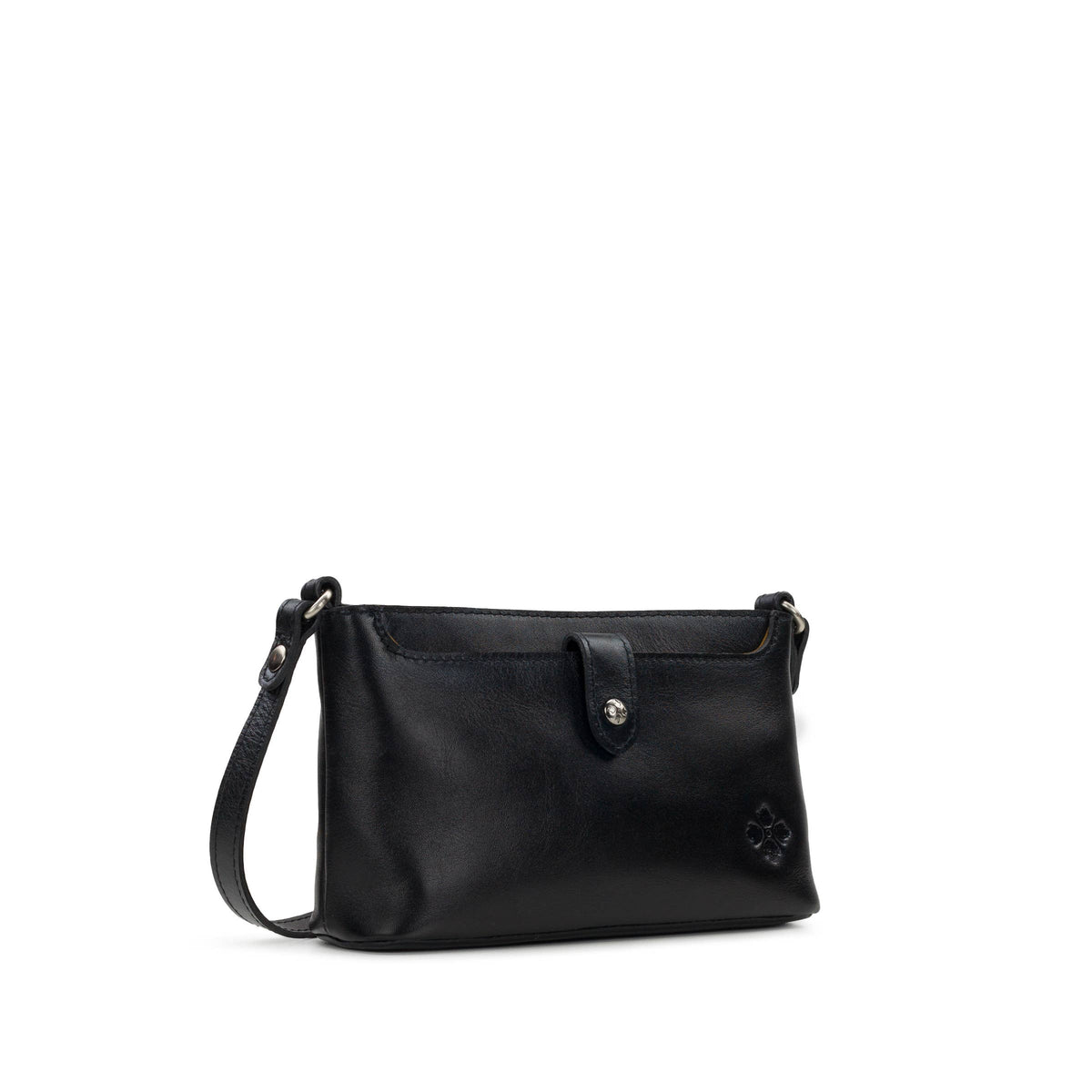 Black Patricia Nash Aimee Crossbody bag with adjustable strap and textured leather finish, shown on a plain background.