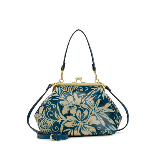 Patricia Nash Annie Frame Crossbody bag with Greek floral design, featuring a structured shape and detailed floral pattern.