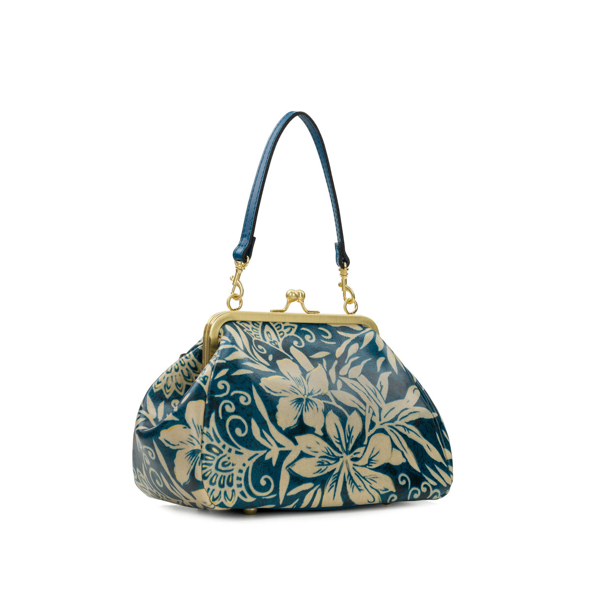 Patricia Nash Annie Frame Crossbody bag with Greek floral pattern, featuring a structured design and adjustable strap.
