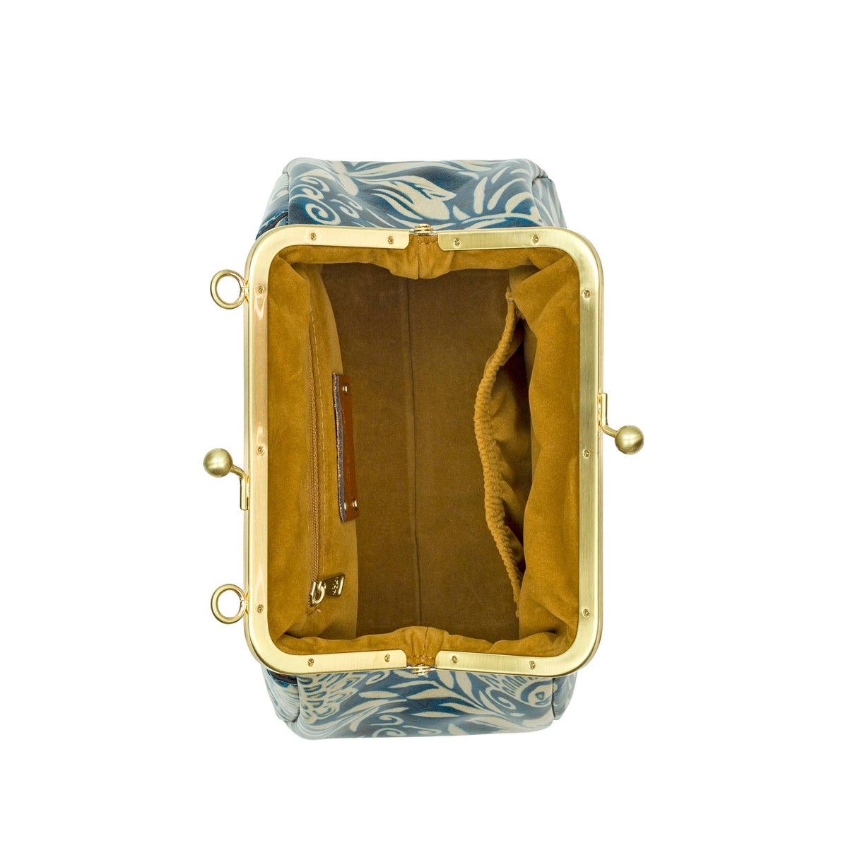 Patricia Nash Annie Frame Crossbody bag with Greek floral pattern, featuring a structured design and adjustable strap.