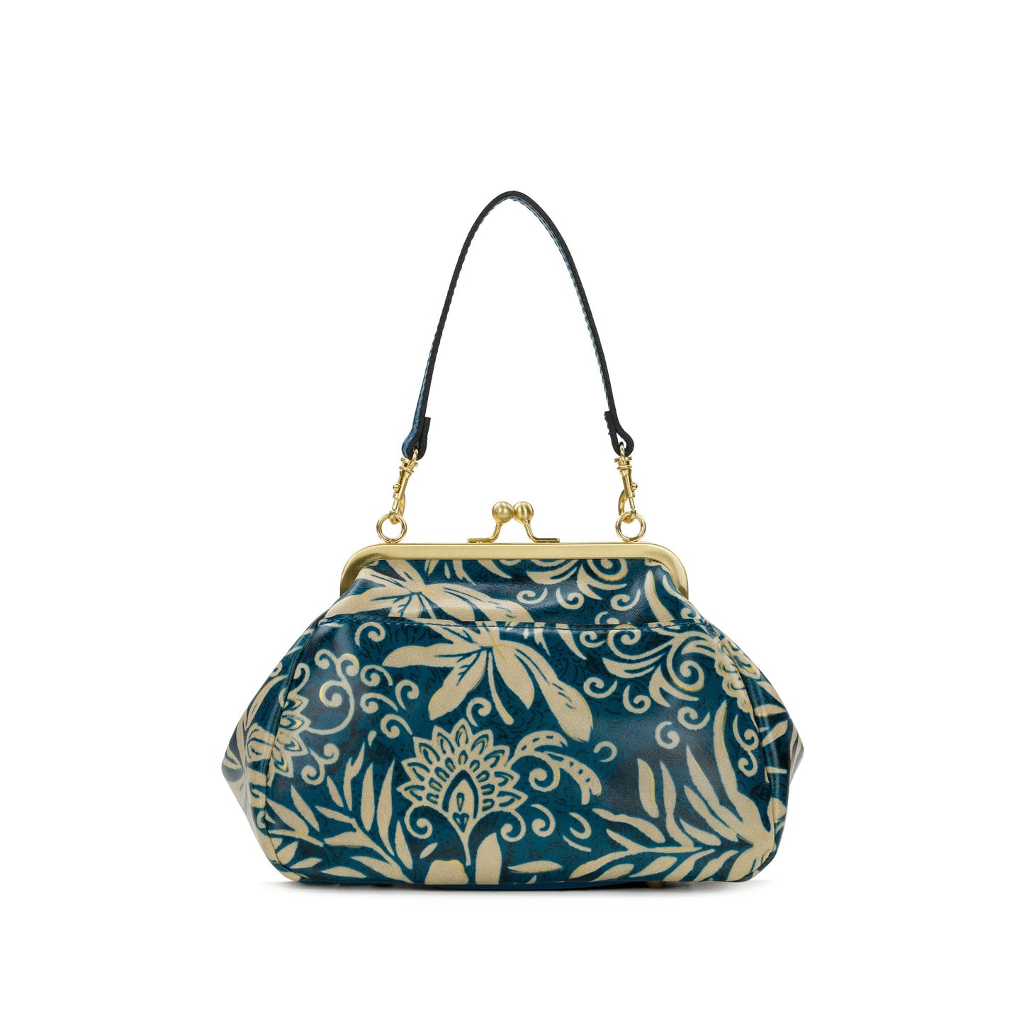 Patricia Nash Annie Frame Crossbody bag with Greek floral design, featuring a structured shape and detailed floral pattern.