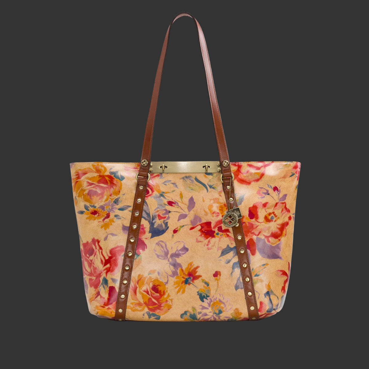 Patricia Nash Benvenuto Tote in Aegean Blooms with floral pattern, leather handles, and spacious interior for everyday use.